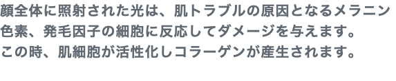 顔全体に照射された光は、肌トラブルの原因となるメラニン色素、発毛因子の細胞に反応してダメージを与えます。 この時、肌細胞が活性化しコラーゲンが産生されます。