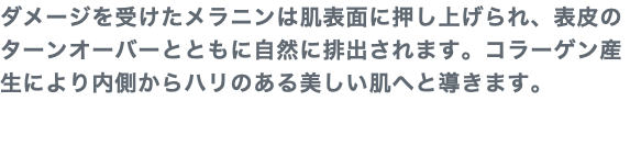 ダメージを受けたメラニンは肌表面に押し上げられ、表皮のターンオーバーとともに自然に排出されます。コラーゲン産生により内側からハリのある美しい肌へと導きます。